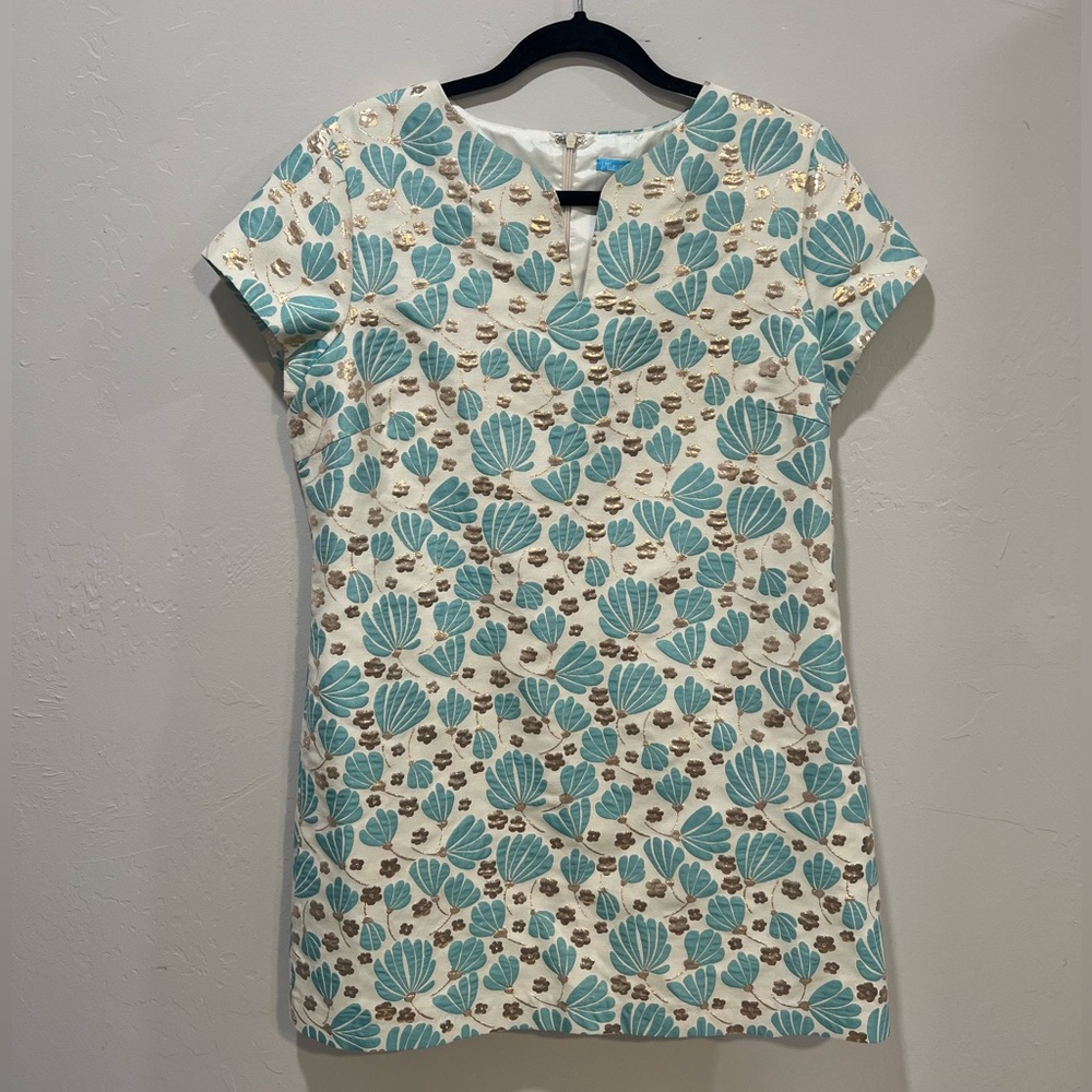 J McLaughlin Ariana Blue/ Gold Flower Print Sheath Dress Size 12 Zipper V-neck
